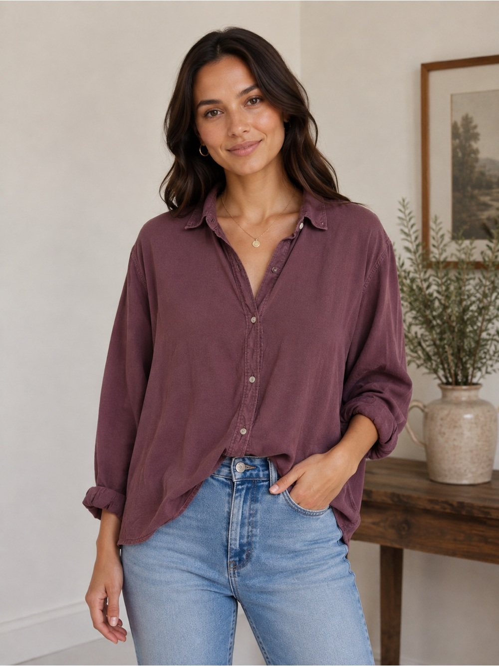 Denim Forum Aritzia Brown Beige Button Down Shirt Long Sleeve XS